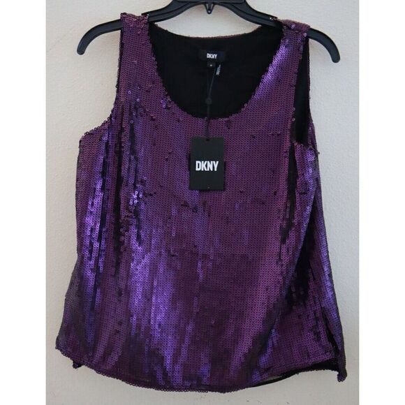 DKNY P1JA6KDQ Women's Sz XS Regal Purple Sequin Cross-Back Top $99 - Picture 1 of 5